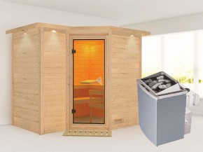 Karibu 40mm Comfort Massivholzsauna Sahib 2 - Eckeinstieg - Ganzglastür bronziert - mit Dachkranz - 9kW Saunaofen mit integr. Steuerung