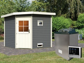 Karibu Gartensauna Hilda - Ecksauna - 38 mm - terragrau - 9kW Saunaofen mit externer Steuerung Easy