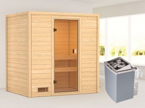 Woodfeeling 38 mm Massivholzsauna Selena - für niedrige Räume - ohne Dachkranz - 4,5kW Saunaofen mit integr. Steuerung