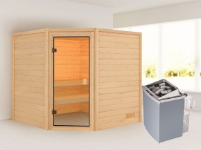 Woodfeeling 38 mm Massivholzsauna Tilda - für niedrige Räume - ohne Dachkranz - 4,5kW Saunaofen mit integr. Steuerung