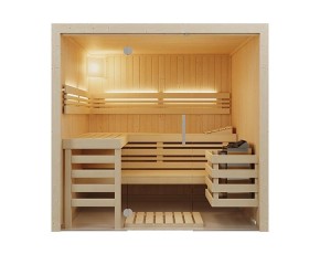 Infraworld Innensauna Panorama 210 - Fichte + Set Finnischer Saunaofen + Glasfront - 75mm Elementsauna - Fichte