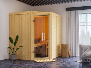 Garten-Freunde-Deal - Karibu Innensauna Auri 3 + 4,5kW Saunaofen + externe Steuerung - 68mm Systemsauna - Ecksauna - Ganzglastür klar