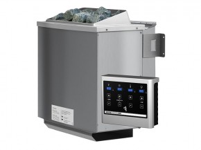 Gartenfreunde Special: Karibu 68mm Systembausauna Auri 4 - Fronteinstieg - Ganzglastür klar - 9kW Bio-Kombiofen mit externer Steuerung Easy bio