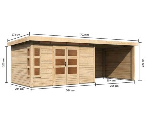 Karibu Holz-Gartenhaus Kastorf 7 + 3,2m Anbaudach + Seiten + Rückwand - 28mm Elementhaus - Pultdach - natur