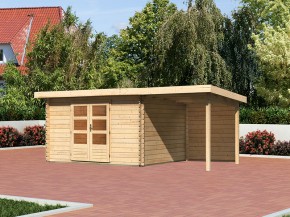KARIBU FREUNDE-DEAL Holz-Gartenhaus Malta Premium 4 mit 2m Anbaudach + Rückwand - 28mm Blockbohlenbau - natur - inkl. Boden