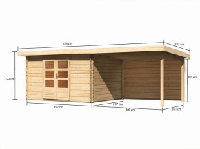 KARIBU FREUNDE-DEAL Holz-Gartenhaus Malta Premium 4 mit 3m Anbaudach + Rückwand - 28mm Blockbohlenbau - natur - inkl. Boden