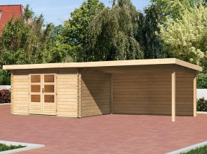 KARIBU FREUNDE-DEAL Holz-Gartenhaus Malta Premium 4 mit 4m Anbaudach + Rückwand - 28mm Blockbohlenbau - natur - inkl. Boden