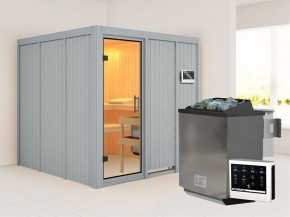 Karibu 68mm Systemsauna Rodin - Ganzglastür klar - lichtgrau - 9kW Bio-Kombiofen mit externer Steuerung 