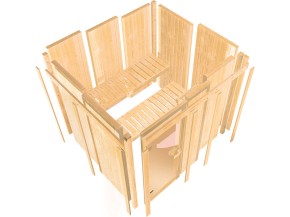 Karibu Innensauna Askja + Glasfront + Superior-Ausstattung + Dachkranz + 9kW Saunaofen + integrierte Steuerung - 68mm Systemsauna