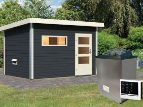 Karibu 38 mm Gartensauna Skrollan 2 - Pultdach - Moderne Saunatür - anthrazit - 9kW Saunaofen mit externer Steuerung 