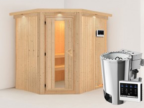 Karibu 68mm Systemsauna Lobin - Plug&Play - Eckeinstieg - Energiespartür - mit Dachkranz - 3,6kW Plug&Play Bio-Kombiofen mit externer Steuerung Easy Bio