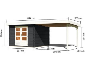 Karibu Holz-Gartenhaus Bastrup 5 + 3m Anbaudach - 28mm Blockbohlenhaus - Pultdach - anthrazit