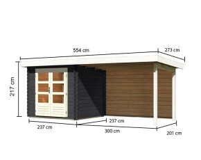 Karibu Holz-Gartenhaus Bastrup 2 + 3m Anbaudach + Rückwand - 28mm Blockbohlenhaus - Pultdach - anthrazit