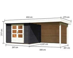 Karibu Holz-Gartenhaus Bastrup 3 + 3m Anbaudach + Rückwand - 28mm Blockbohlenhaus - Pultdach - anthrazit