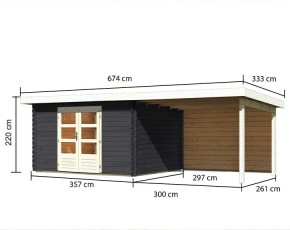 Karibu Holz-Gartenhaus Bastrup 7 + 3m Anbaudach + Rückwand - 28mm Blockbohlenhaus - Pultdach - anthrazit