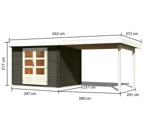 Karibu Holz-Gartenhaus Bastrup 3 + 3m Anbaudach - 28mm Blockbohlenhaus - Pultdach - terragrau