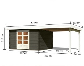 Karibu Holz-Gartenhaus Bastrup 7 + 3m Anbaudach - 28mm Blockbohlenhaus - Pultdach - terragrau