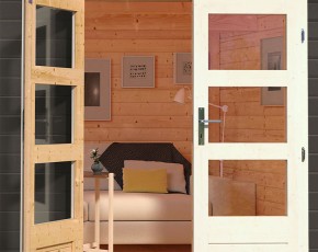 Karibu Holz-Gartenhaus Bastrup 2 + 3m Anbaudach + Rückwand - 28mm Blockbohlenhaus - Pultdach - terragrau