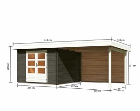 Karibu Holz-Gartenhaus Bastrup 5 + 3m Anbaudach + Rückwand - 28mm Blockbohlenhaus - Pultdach - terragrau