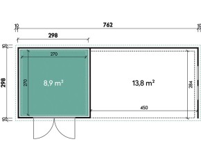 Finnhaus Wolff Metall-Gartenhaus Eleganto 3030 + 4,5m Lounge 4530 rechts + 2 Fenster - Gartenhaus Lounge - Flachdach - lichtgrau