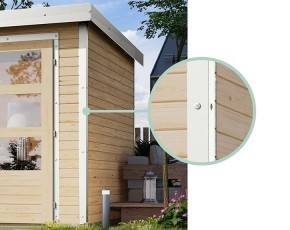 Karibu Hybrid-Gartenhaus Jupiter A + 2,4m Anbaudach - 19mm Elementhaus - Geräteschuppen - Flachdach - natur/weiß