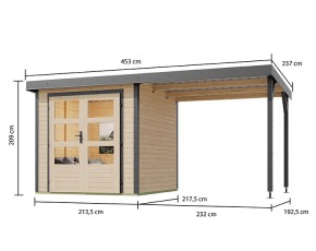Karibu Hybrid-Gartenhaus Jupiter A + 2,4m Anbaudach - 19mm Elementhaus - Geräteschuppen - Flachdach - natur/staubgrau