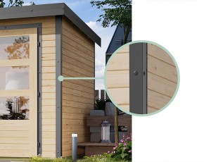 Karibu Hybrid-Gartenhaus Jupiter A + 2,4m Anbaudach - 19mm Elementhaus - Geräteschuppen - Flachdach - natur/staubgrau