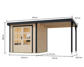 Karibu Hybrid-Gartenhaus Jupiter A + 2,4m Anbaudach - 19mm Elementhaus - Geräteschuppen - Flachdach - natur/anthrazit