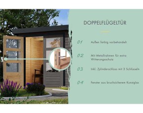 Karibu Hybrid-Gartenhaus Jupiter 2 B + 2,4m Anbaudach - 19mm Elementhaus - Geräteschuppen - Pultdach - terragrau/weiß