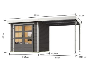 Karibu Hybrid-Gartenhaus Jupiter B + 2,4m Anbaudach - 19mm Elementhaus - Geräteschuppen - Flachdach - terragrau/weiß