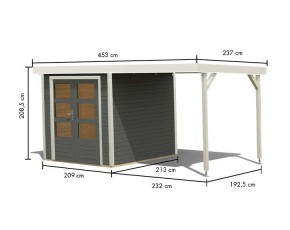 Karibu Hybrid-Gartenhaus Jupiter 2 B + 2,4m Anbaudach - 19mm Elementhaus - Geräteschuppen - Pultdach - terragrau/weiß