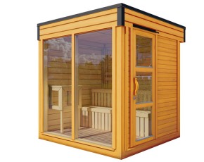 Finnhaus Wolff Gartensauna Paradiso 2x2 + Glasfront - 75mm Saunahaus - Flachdach - Kiefer