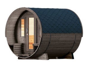 Finnhaus Wolff Fasssauna Susann 2428 + Terrasse + schwarze Dachschindeln - 42mm Gartensauna - montiert - grau