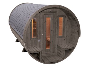 Finnhaus Wolff Fasssauna Sunny 2440 + Vorraum + Terrasse + schwarze Dachschindeln - 42mm Gartensauna - montiert - grau