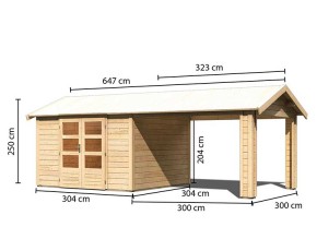 Karibu Holz-Gartenhaus Theres 7 + 3,2m Anbaudach - 28mm Elementhaus - Satteldach - natur