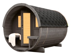 Finnhaus Wolff Fasssauna Sila 2128 + Terrasse + schwarze Dachschindeln - 42mm Gartensauna - montiert - grau