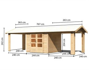 Karibu Holz-Gartenhaus Theres 3 + 2 x 2,6m Anbaudach - 28mm Elementhaus - Satteldach - natur