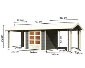 Karibu Holz-Gartenhaus Theres 3 + 2 x 2,6m Anbaudach - 28mm Elementhaus - Satteldach - terragrau