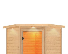 Karibu Innensauna Larin + Dachkranz + 9kW Saunaofen + externe Steuerung - 68mm Elementsauna - Ganzglastür bronziert - Ecksauna