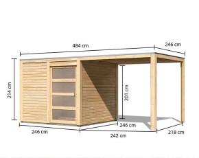 Karibu Holz-Gartenhaus Qubic 1 + 2,4m Anbaudach - 19mm Elementhaus - Flachdach - natur