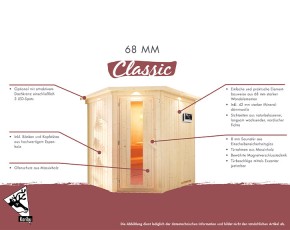 Karibu Innensauna Sodin + Dachkranz + 9kW Saunaofen + integrierte Steuerung - 68mm Elementsauna - Ganzglastür graphit