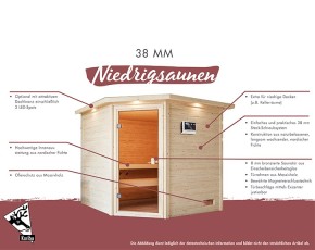 Karibu Innensauna Sandra + 9kW Bio-Kombiofen + externe Steuerung - 38mm Blockbohlensauna - niedrige Deckenhöhe