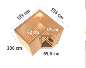 Karibu Innensauna Sahib 1 + Comfort-Ausstattung + 9kW Saunaofen + externe Steuerung - 38mm Blockbohlensauna - Energiespartür - Ecksauna