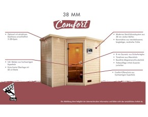 Karibu Innensauna Sahib 1 + Comfort-Ausstattung + Dachkranz + 9kW Saunaofen + integrierte Steuerung - 38mm Blockbohlensauna - Energiespartür - Ecksauna