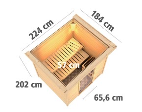 Karibu Innensauna Anja + Dachkranz + 9kW Bio-Kombiofen + externe Steuerung Easy bio - 38mm Blockbohlensauna - Ganzglastür graphit