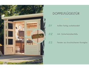 Karibu Holz-Gartenhaus Retola 3 + Anbauschrank + 2,8m Anbaudach - 19mm Elementhaus - Flachdach - terragrau