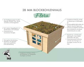 Karibu Holz-Gartenhaus Flora 3 + Dachbegrünung - 28mm Blockbohlenhaus - Pultdach - natur