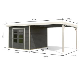 Karibu Hybrid-Gartenhaus Pluto B + 3m Anbaudach - 28mm Elementhaus - Gartenhaus Lounge - Flachdach - terragrau/weiß