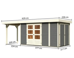 Karibu Holz-Gartenhaus Retola 5 + Anbauschrank + 2,4m Anbaudach - 19mm Elementhaus - Flachdach - terragrau