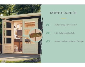 Karibu Holz-Gartenhaus Retola 6 + Anbauschrank + 2,4m Anbaudach - 19mm Elementhaus - Flachdach - terragrau